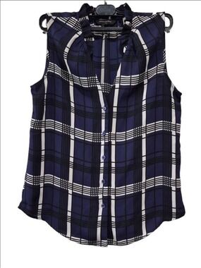 Banana Republic Chiffon Plaid Tank Top Sleeveless Button Down Ruffle Neck